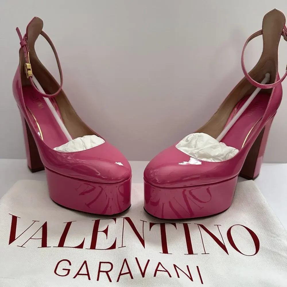nwob Valentino Tan-Go Barbie Pink Patent Leather Platform Pumps size IT 38 US 8